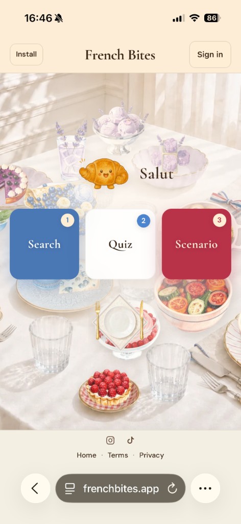 French Bites app home with Search, Quiz, and Scenario