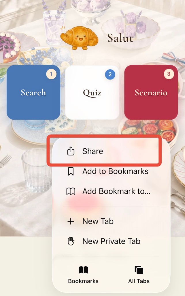 Browser menu with Share highlighted