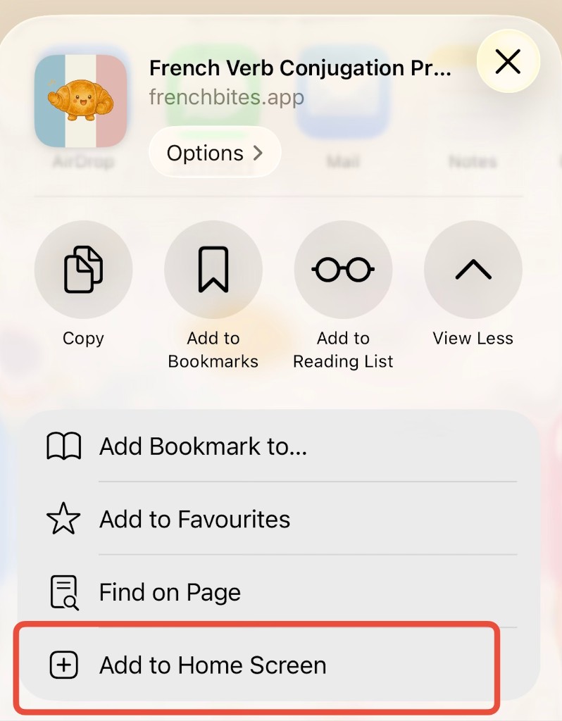 Share sheet with Add to Home Screen highlighted