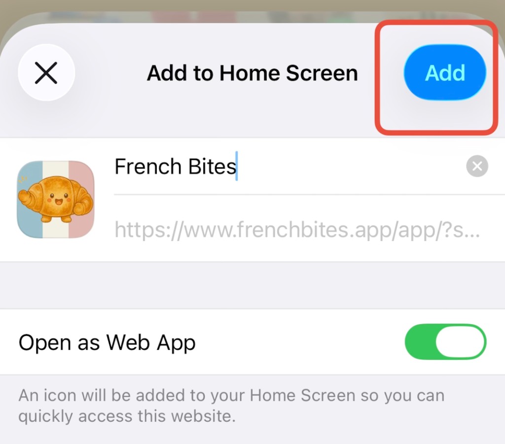 Add to Home Screen confirmation with Add highlighted