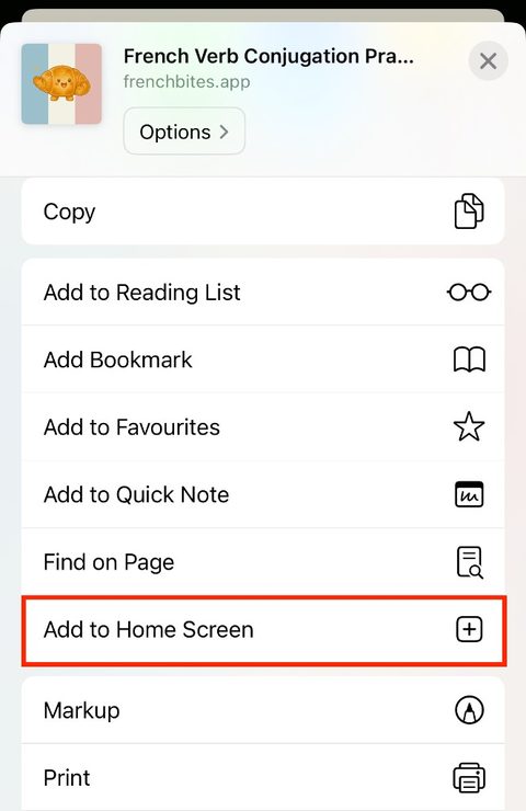 Share sheet with Add to Home Screen highlighted