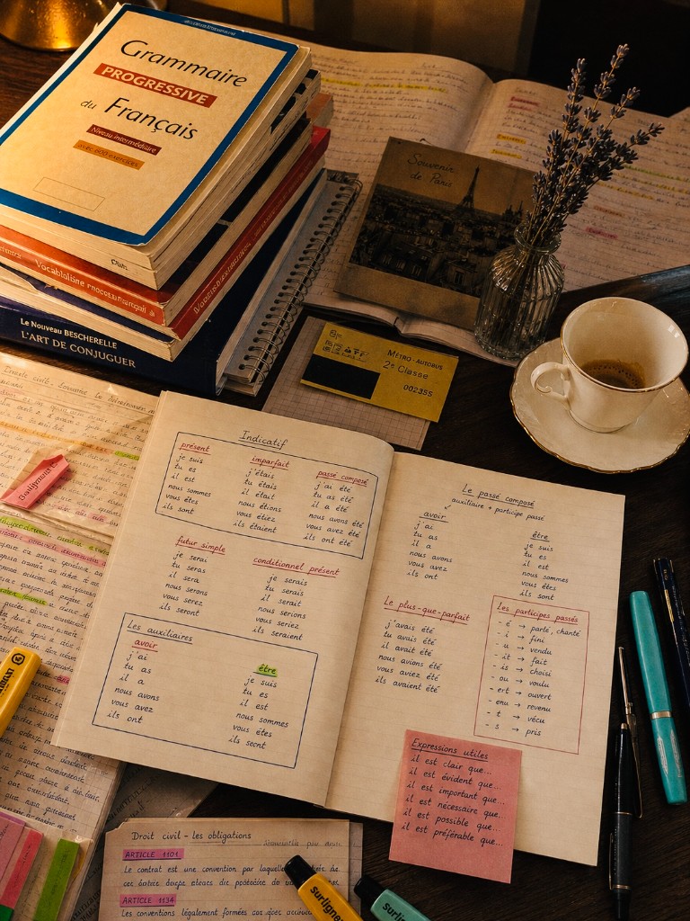 Studygram desk with Bescherelle and handwritten charts