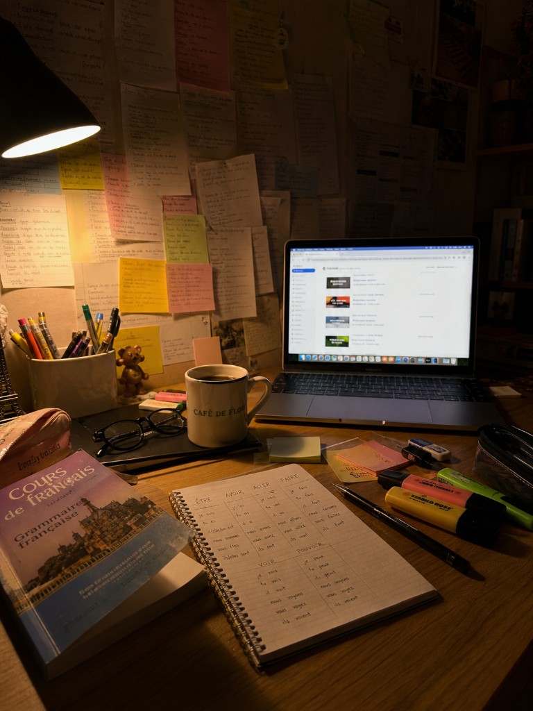 Late-night desk covered in handwritten French conjugation tables