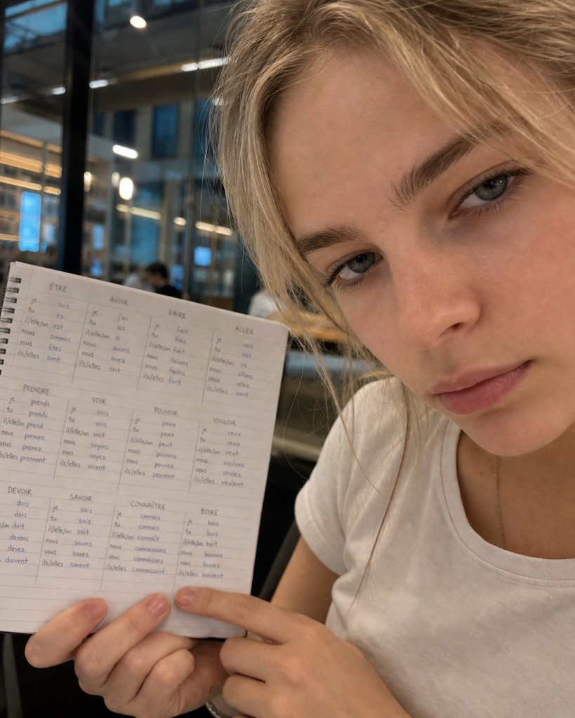 Student holding a notebook of handwritten French verb tables