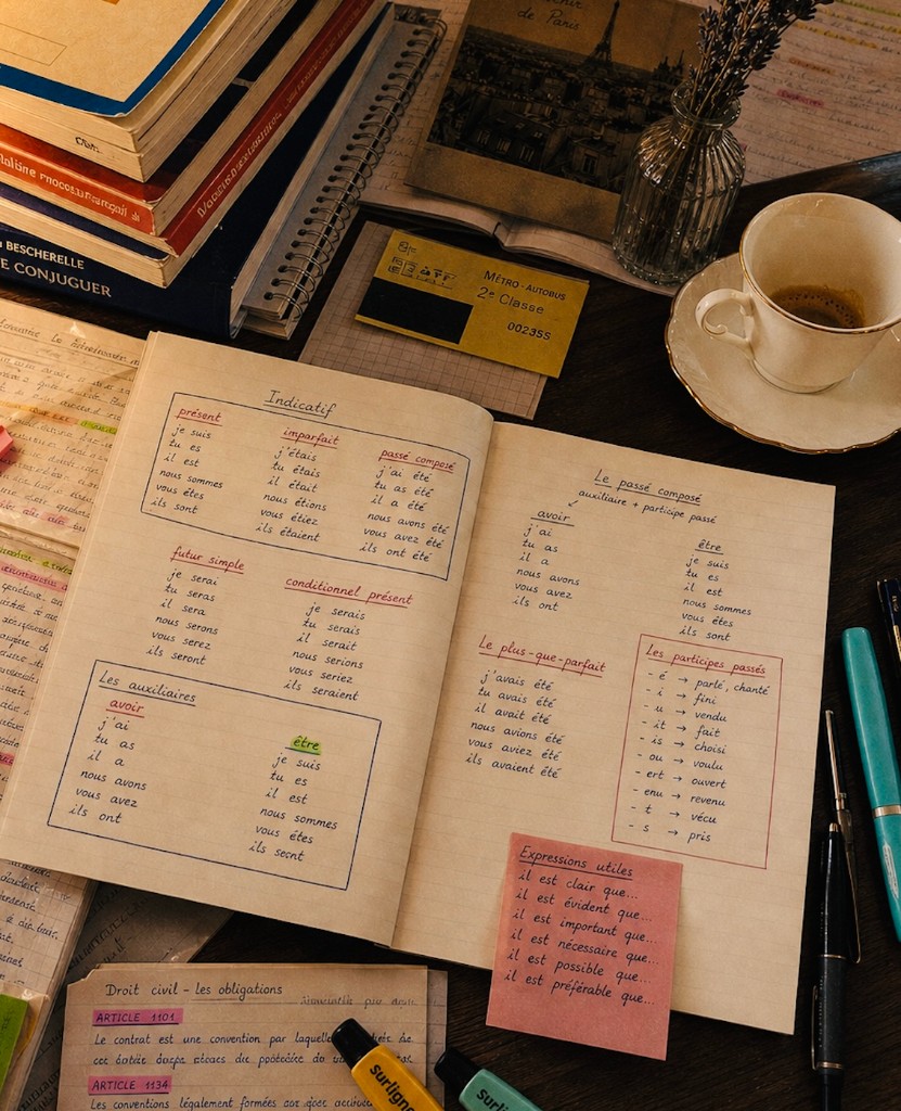 Open notebook with handwritten être conjugation tables, Bescherelle, coffee, and highlighters on a wooden desk